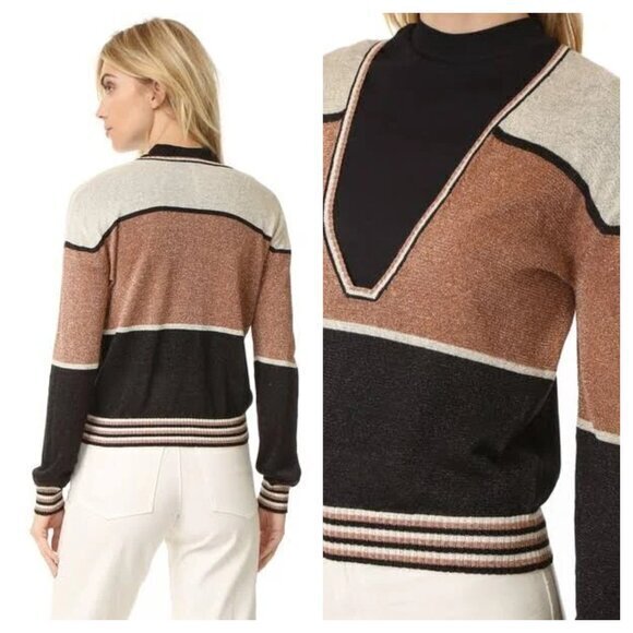 Free People Gold Dust Colorblock V-Neck Shimmer/Metallic Relaxed Fit Sweater XS - Picture 2 of 16